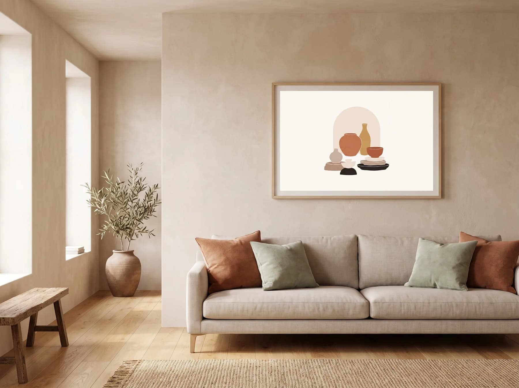 Clay Gallery art creating a focal point in a warm living room